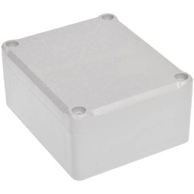 Rectangular grey plastic enclosure with rounded corners and four screw holes at the corners, suitable for electronic projects.