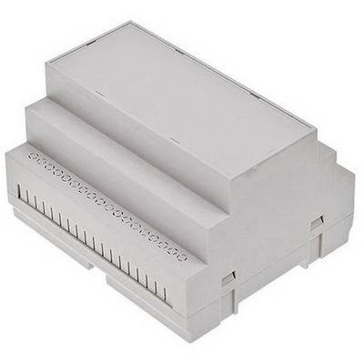 Grey electronic enclosure in a rectangular shape, suitable for mounting on a DIN rail. It has multiple ventilation openings.