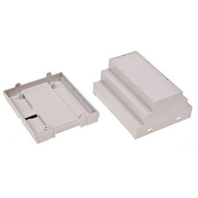 Two grey, rectangular plastic enclosures. Left-hand case opened, right-hand case stacked and closed. Enclosures for electronic assembly.