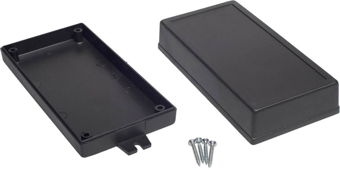 Black rectangular plastic enclosure, opened into two halves. Four screws are lying beside it. Suitable for electronic projects.