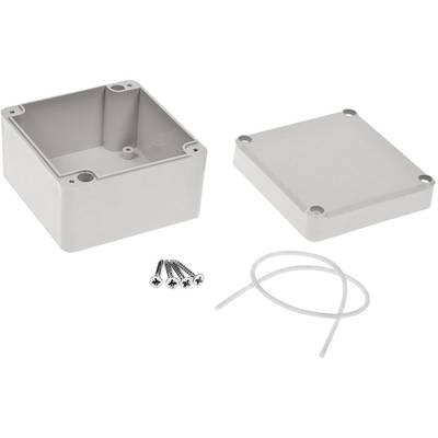 Housing case with removable lid, four screws and two cable ties for mounting.