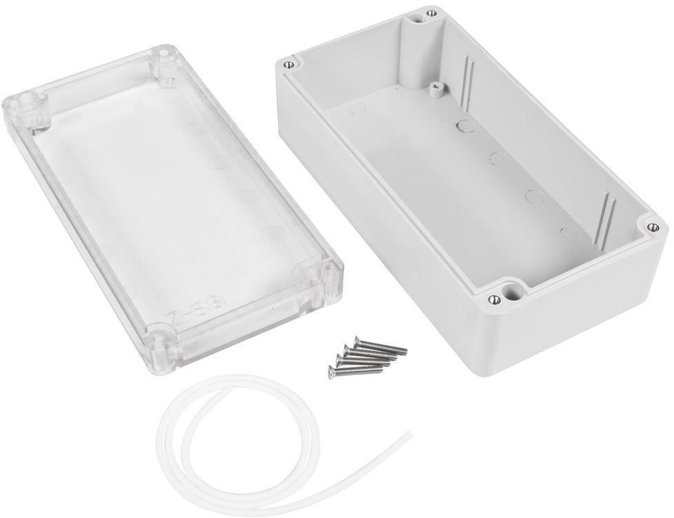 An open grey enclosure with a removable, transparent lid, four screws and a white cable.