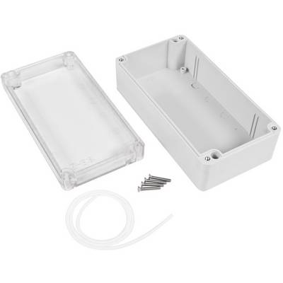 An open grey enclosure with a removable, transparent lid, four screws and a white cable.
