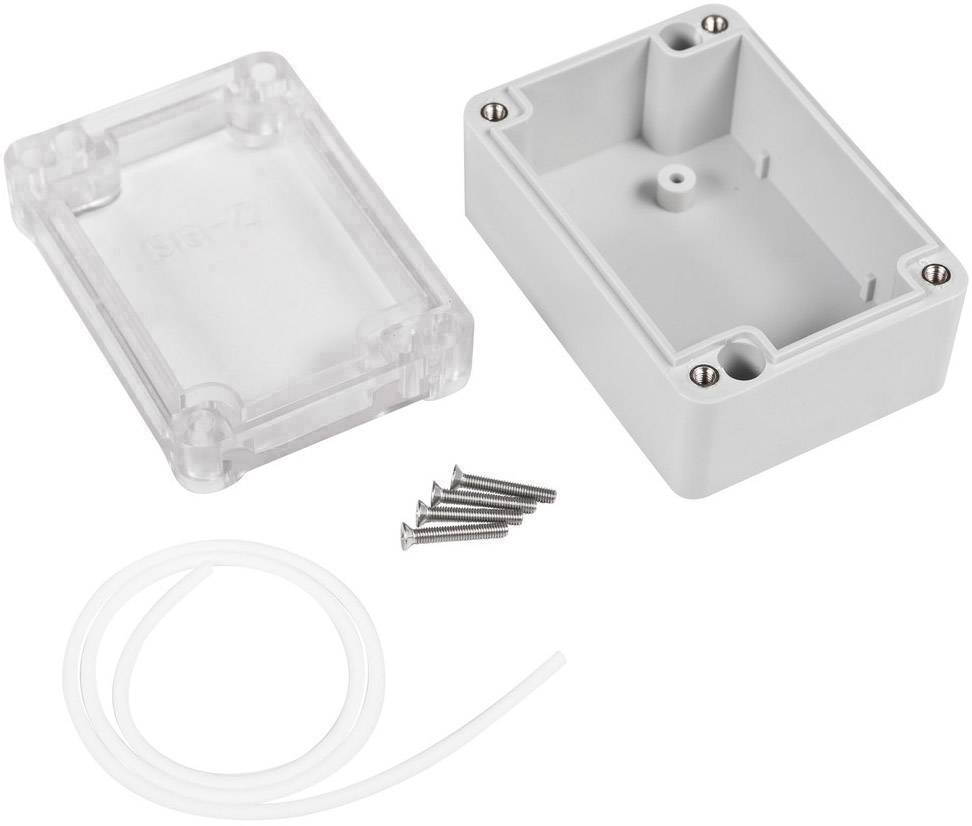 Plastic enclosure with a removable lid, four screws and a transparent cable sleeve, suitable for electronic projects.