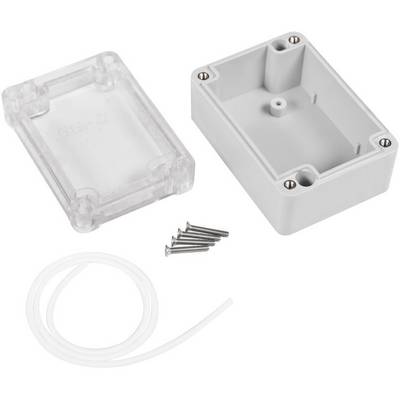 Plastic enclosure with a removable lid, four screws and a transparent cable sleeve, suitable for electronic projects.