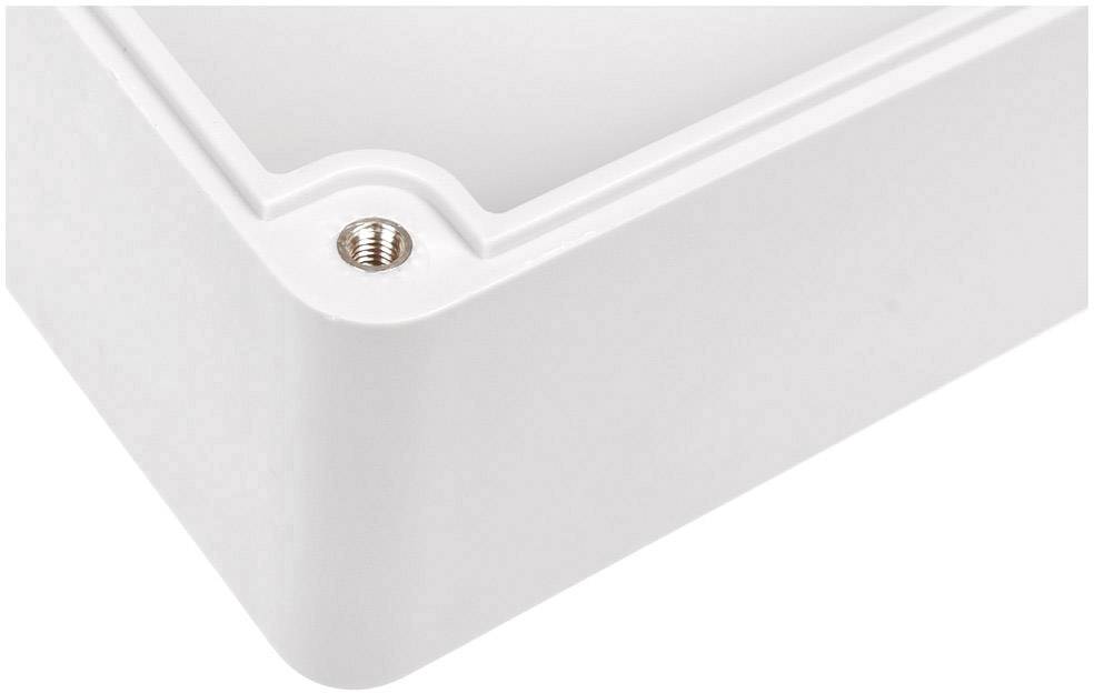 White case corner with integrated metal screw, diagonal perspective.