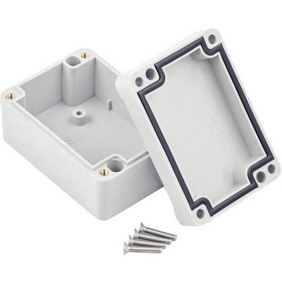 Grey-white plastic junction box, open. Contains four screws and a rubber seal in the lid for sealing. Suitable for electrical installations.