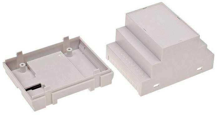 Housing for electronic devices with a removable lid; rectangular and stepped, suitable for wall mounting.