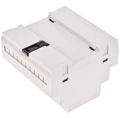 White plastic box with side black locking mechanism, suitable for mounting rails.