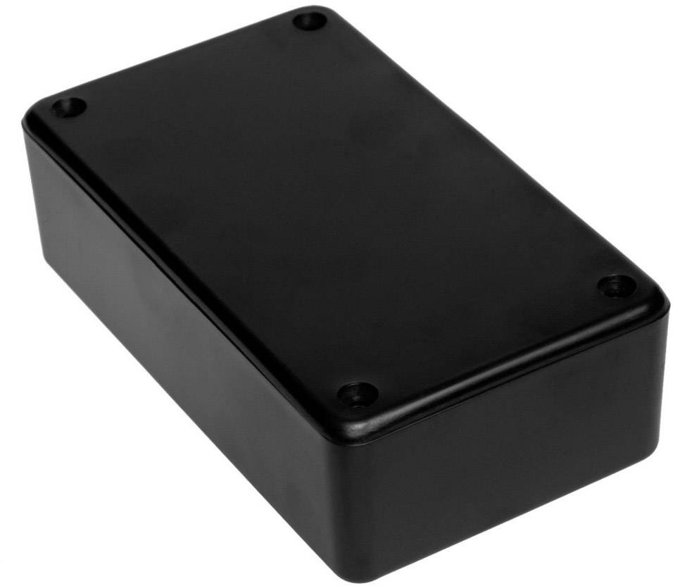 Black rectangular enclosure with rounded corners and four screw holes.