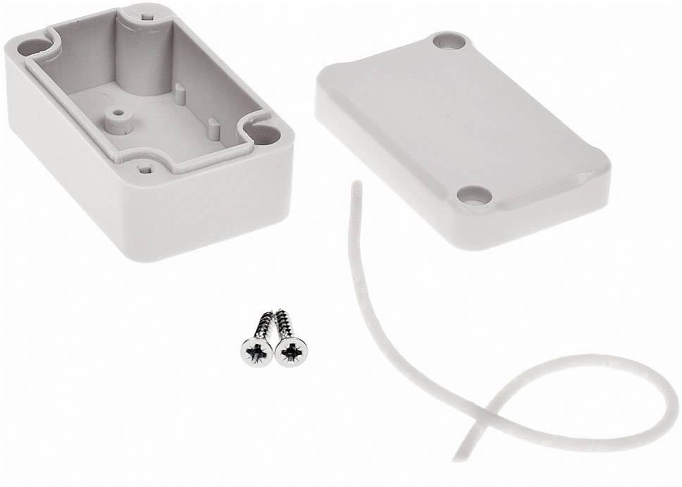 A grey plastic enclosure with a removable cover, two screws and a sealing band, suitable for small electronic devices.