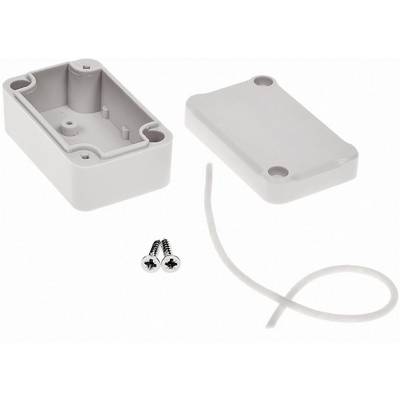 A grey plastic enclosure with a removable cover, two screws and a sealing band, suitable for small electronic devices.