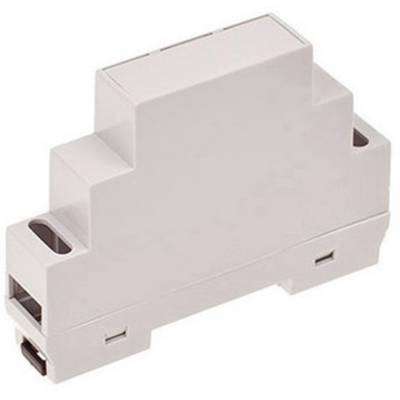 A rectangular, grey plastic enclosure used for mounting on a DIN rail in electrical installations.