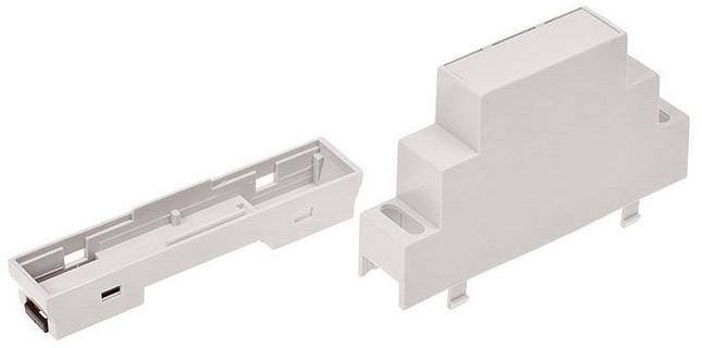 Electrical enclosure for mounting on a DIN rail, consisting of two components.