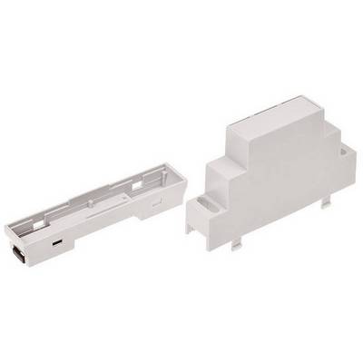 Electrical enclosure for mounting on a DIN rail, consisting of two components.