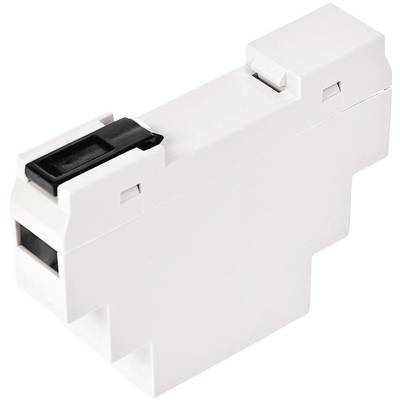 A white electrical enclosure for mounting on DIN rails, with a black sliding switch on the top surface.