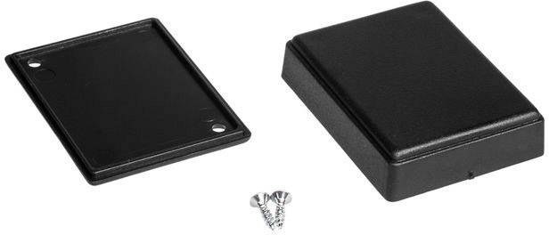 Black plastic electronic enclosures, two-part; on the left the cover, on the right the lower housing section, with screws in the centre.