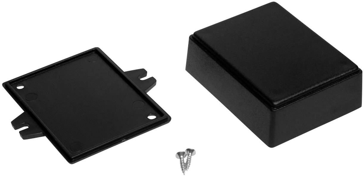 Black, rectangular plastic enclosure in two parts with screws, ready for assembly; suitable for electronic components.