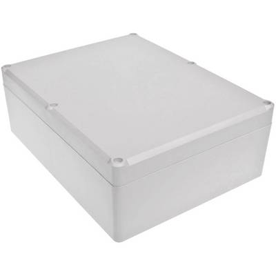 A rectangular, grey electronics enclosure with rounded corners and screw fastenings at the corners of the top surface.
