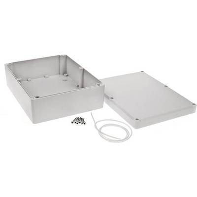 Grey, rectangular plastic enclosure in two parts, with screws and a sealing ring.