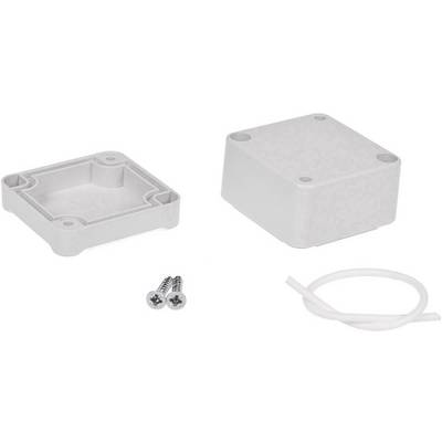 Plastic enclosure set with lid, screws and sealing gasket, suitable for protecting electronic components.