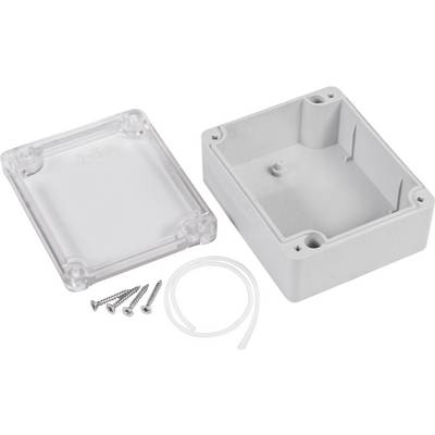 Grey enclosure with a transparent lid, four screws and a seal, likely designed for electronic components.