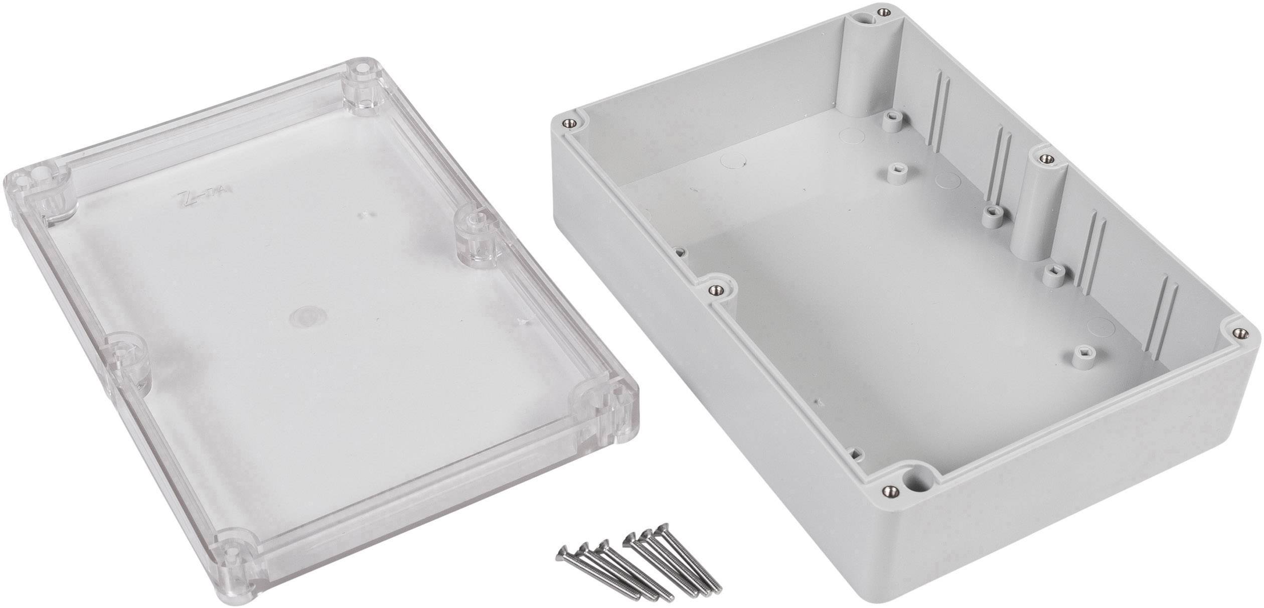 Electronic enclosure with a transparent cover and silver base, with six screws for sealing placed beside it.