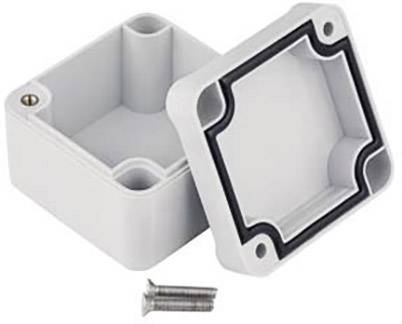 Plastic enclosure open, consisting of two parts with rubber seal and fixing screws, for protecting electrical components.