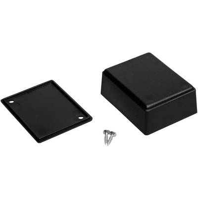 Black rectangular plastic enclosure with removable cover and three small screws, suitable for electronic assembly.