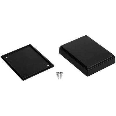 Black plastic housing with a removable cover and two small screws in the centre. Suitable for electronic projects.