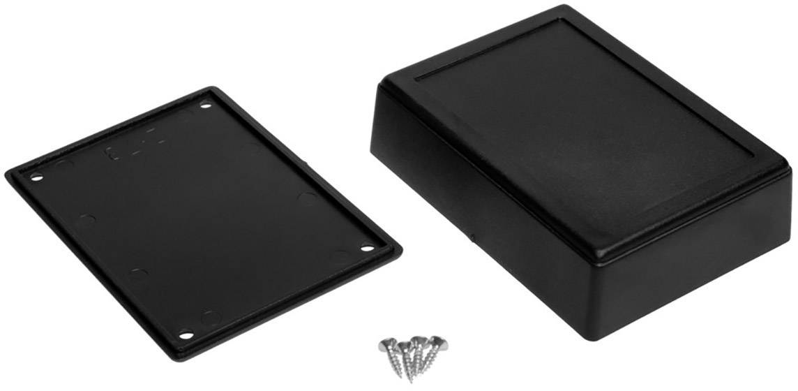 Black plastic enclosure in two parts, with accompanying screws. Suitable for electronic devices or DIY projects.