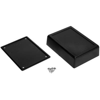 Black plastic enclosure in two parts, with accompanying screws. Suitable for electronic devices or DIY projects.