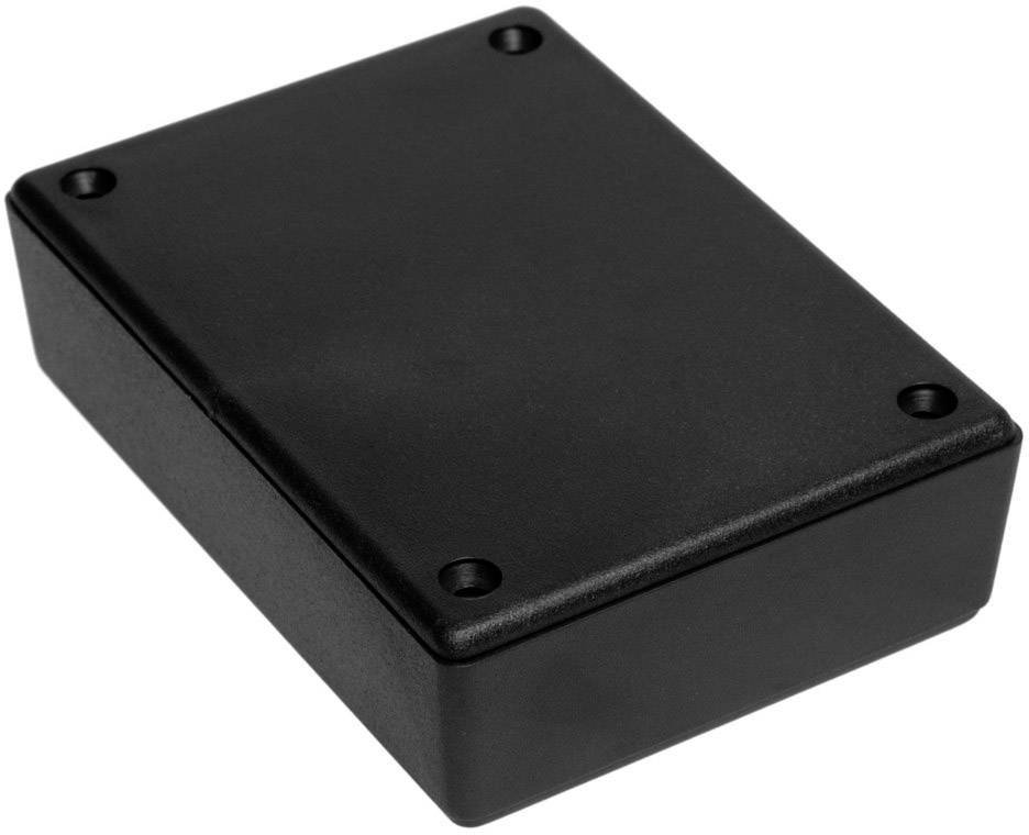 A rectangular, black plastic enclosure with rounded edges and four screw holes. Suitable for housing electronic components.