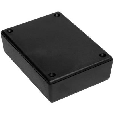 A rectangular, black plastic enclosure with rounded edges and four screw holes. Suitable for housing electronic components.
