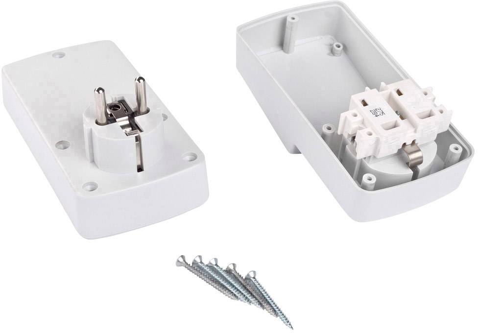 Empty socket housing with a removable lid and screws, designed for wall mounting.