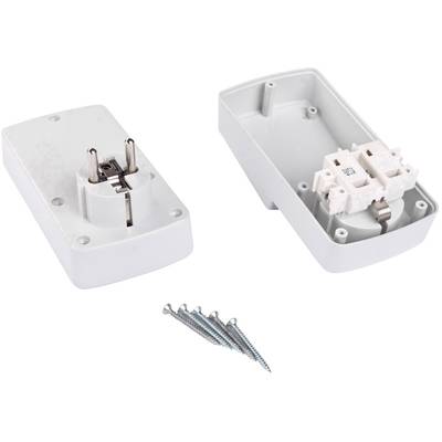 Empty socket housing with a removable lid and screws, designed for wall mounting.