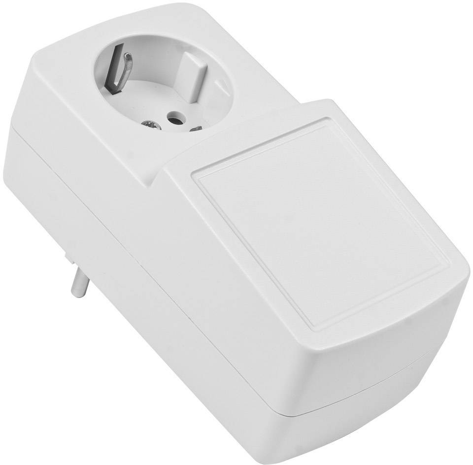 A white socket adapter with a Schuko connection, suitable for connecting electronic devices, isolated against a white background.