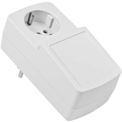 A white socket adapter with a Schuko connection, suitable for connecting electronic devices, isolated against a white background.