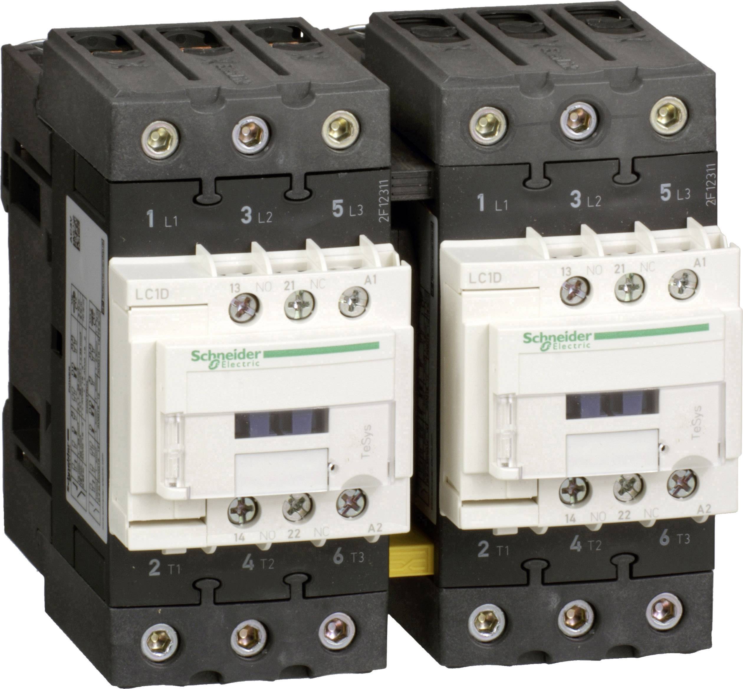 Two black and white electrical contactors mounted side by side. They are designed for controlling high-current devices.