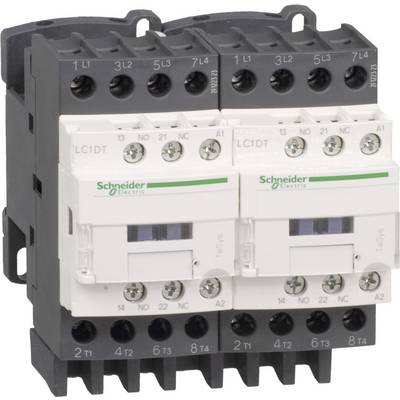 'Schneider Electric' contactor; four-pole device with 'LC1D' marking. Black plastic base, white top surface with green lines.