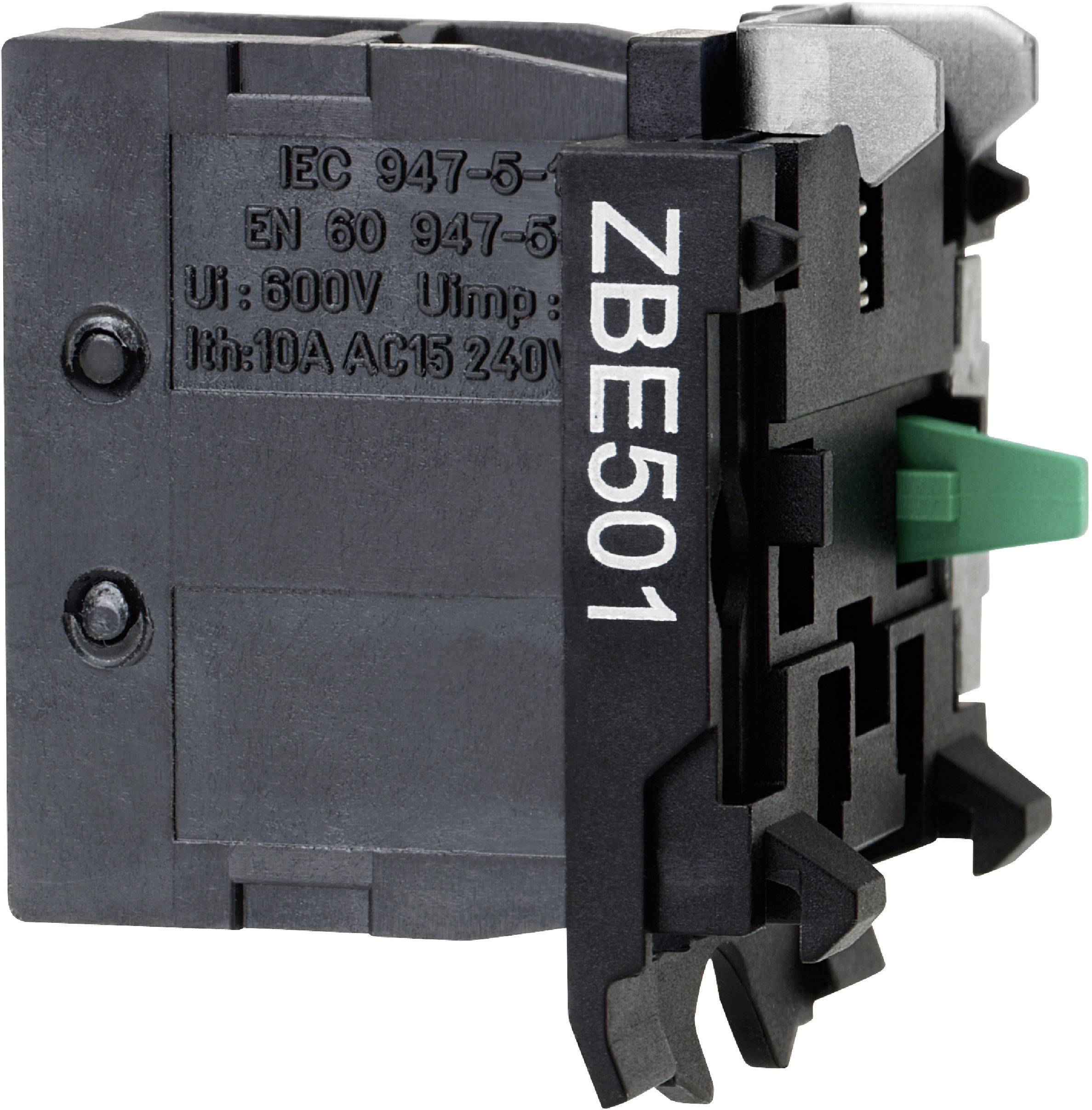 Black and grey electrical component labelled 'ZBE501', shown from the side, with a green button and technical specifications.