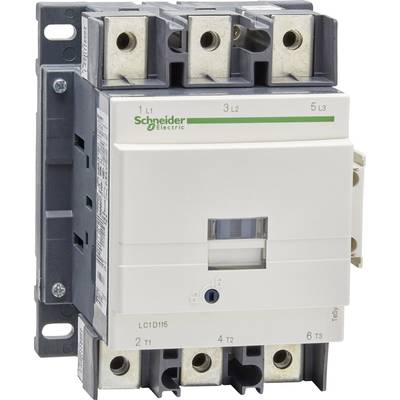 Three-pole contactor from Schneider Electric with model number LC1D115 for industrial applications, showing connections and nameplate.