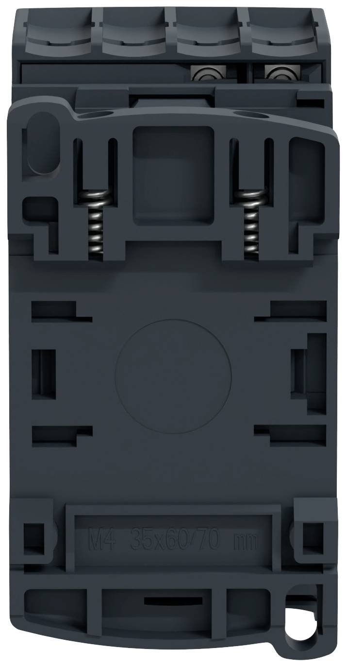 A rectangular electrical component with multiple spring mechanisms and terminal connections, mountable on the front panel.