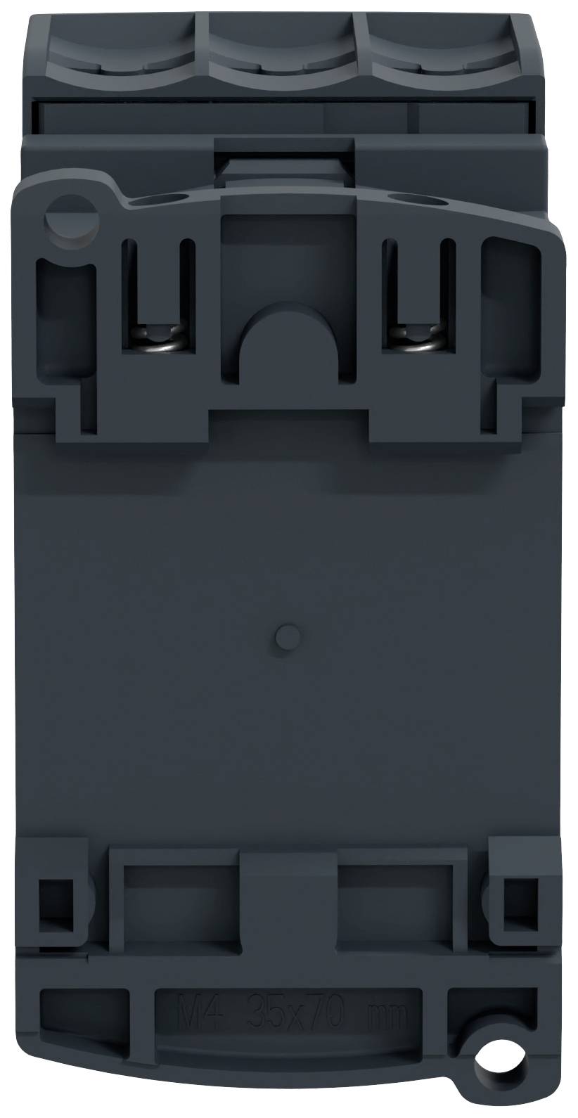 Dark grey, rectangular electrical circuit breaker with three holes on the top surface, suitable for industrial applications.