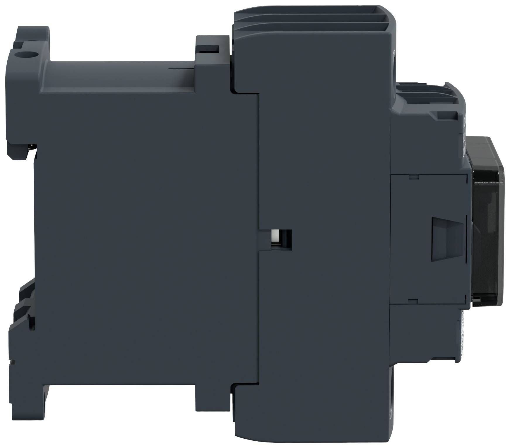 A black electrical relay, side view, with multiple terminals on the top and bottom, suitable for mounting in an enclosure.
