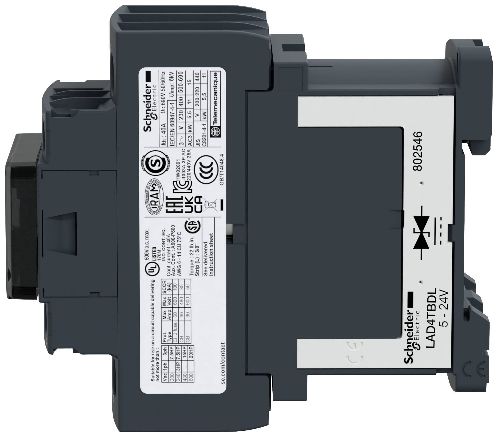 Industrial contactor from Schneider Electric, model number 'LADN22', photographed from the side, showing technical specifications on a label.