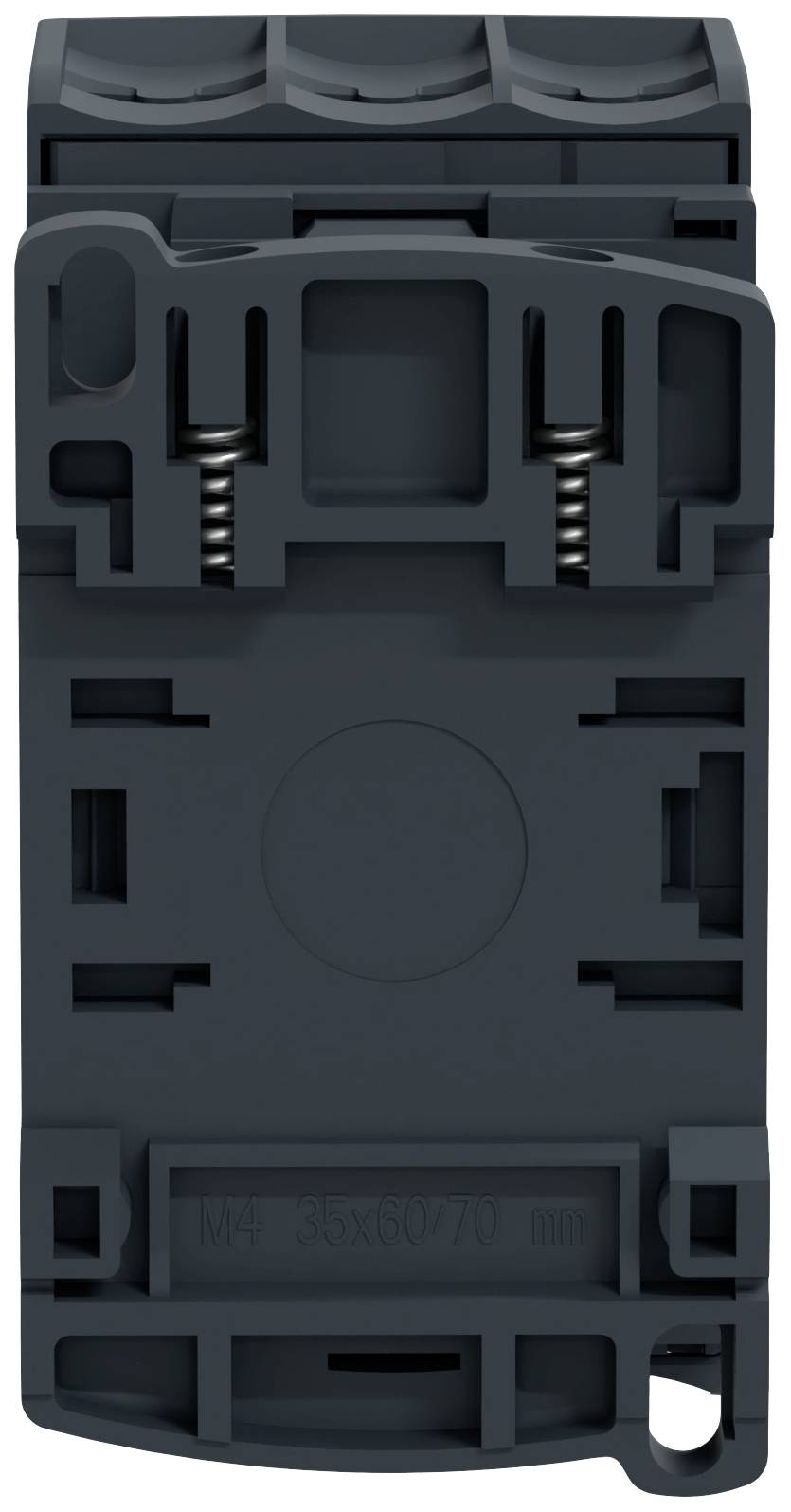 'Rear side of an electrical connector, dark grey, with spring mechanism and mounting points.'
