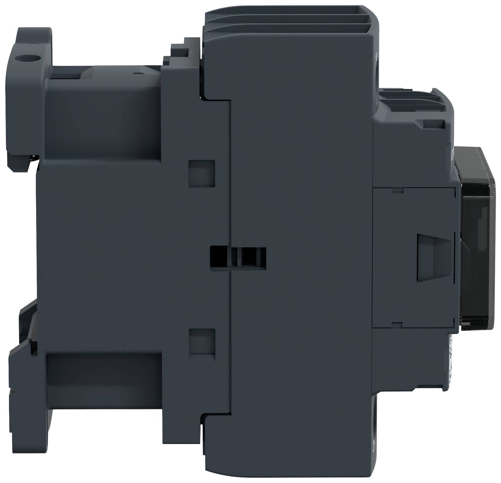 An electrical component in dark grey is shown from the side. It has multiple plug connections and ventilation slots.