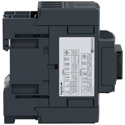 'Schneider Electric' contactor viewed from the side, displaying product details and circuit diagrams on the front. Primary purpose: controlling electrical machinery.