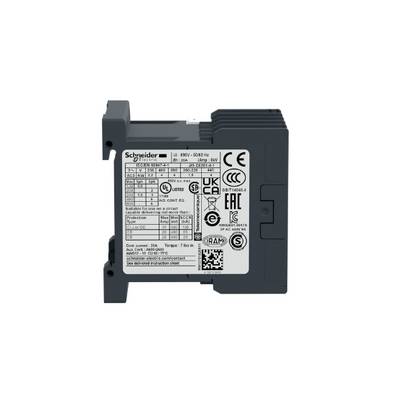 A grey electrical device from Schneider Electric with a white label displaying technical information and various certification logos.